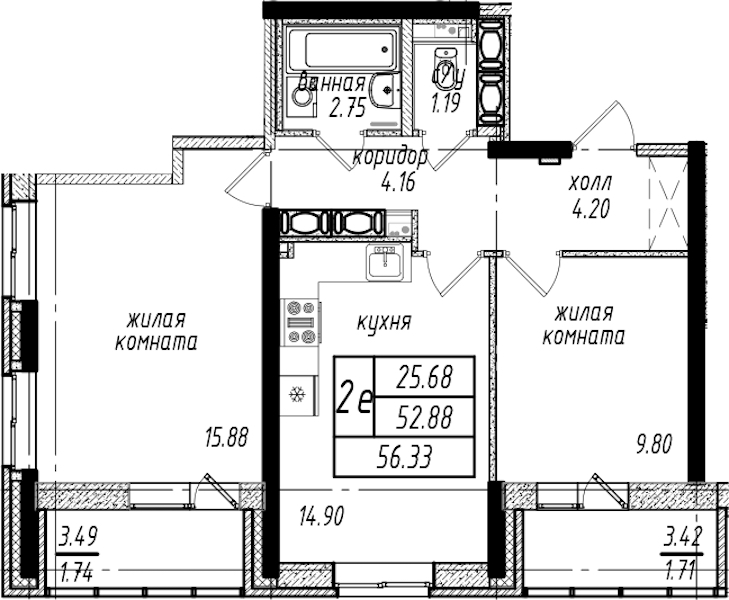 2-комнатная квартира 56.33 м², 25/25 эт., ЖК «Северная Долина»